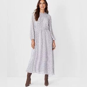Ann Taylor Animal Print Smocked Midi Flare Dress Grey Size Medium
